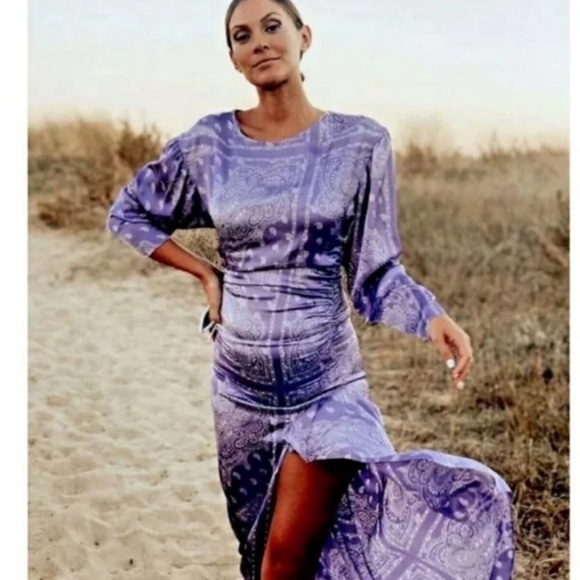 ZARA Purple Paisley Print Satin‎ Midi Dress Blogger Favorite sz XS Party Wedding - Picture 7 of 16